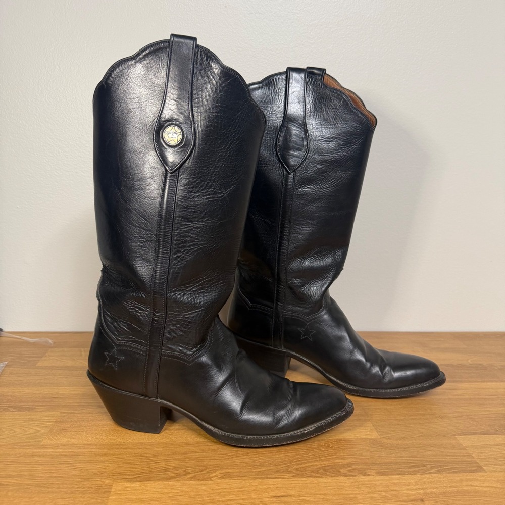 JB Hill Texas Cowboy Boots Womens Black Leather  Star Concho Pointed Toe 8.5 B